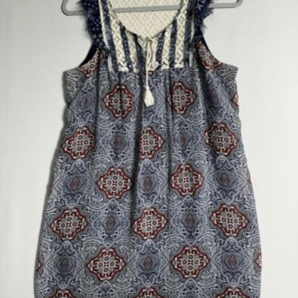 Xhilaration Romper Artsy Blue Red Crochet Bohemian Gypsy Women's Large EUC